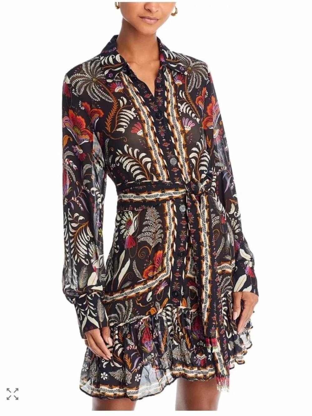 Farm Rio Classic Garden Black Long Sleeve Mini Dress Floral Beaded Belt XS NEW